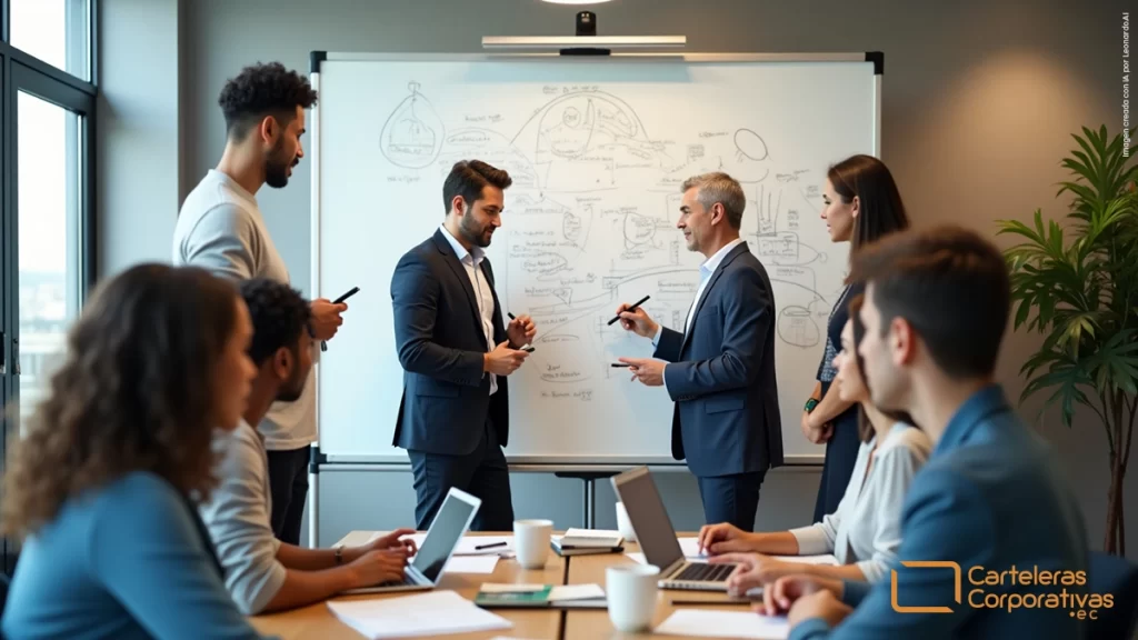 imagen ilustrativa de una pizarra movible para tiza líquida usada por varias personas